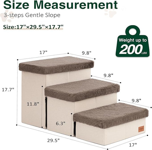Love's cabin Dog Stairs for High Bed 18" H,3 Steps with Furry Lids Pet Stairs for Small Medium Large Dogs,Foldable Cat Ramp with Zip up to 200 lbs,Brown