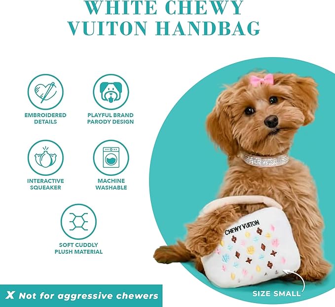 Haute Diggity Dog White Chewy Vuiton Handbag, Plush Designer Dog Toys with Interactive Squeaker, Stimulating Pet Enrichment, Machine-Washable & Safe Materials for All Breeds, Size Small