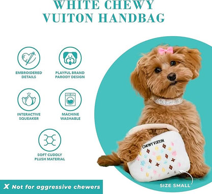 Haute Diggity Dog White Chewy Vuiton Handbag, Plush Designer Dog Toys with Interactive Squeaker, Stimulating Pet Enrichment, Machine-Washable & Safe Materials for All Breeds, Size Small