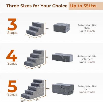 HYLEORY Dog Stairs for Bed 22.5''H, 5-Step Pet Stairs for Small Dogs Cats, Sturdy Pet Steps with Non-Slip Bottom, Functional Portable Dog Ramp for Couch/Chair/Sofa/Car, Storage Pocket, Grey-Light Grey
