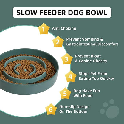 Ceramic 1.6 Cup Slow Feeder Dog Bowl for Medium and Large Breed, 8.2inch Puzzle Dog Food Dish, Anti-Gulping, Stop Bloat, Preventing Choking (Single Bowl-Dark Green)