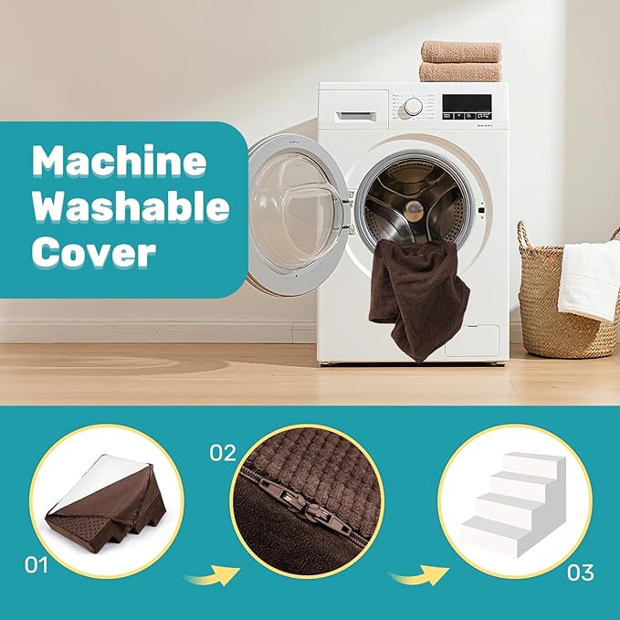 Dog Stairs for Bed, Extra Wide 5-Step Dog Steps for High Bed, High-Density Foam Pet Stairs with Non-Slip Removable Washable Cover for Small Pets, 23" H, Brown