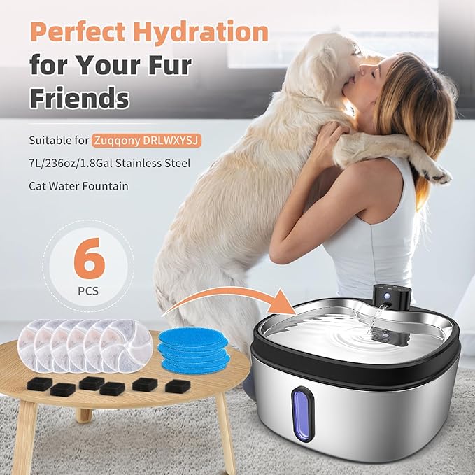 6 Set Cat Water Fountain Replacement Filter Only for KWUY 7L/236oz/1.8Gal Stainless Steel Cat Water Fountain, DYSJ01 Battery Operated Cordless Automatic Pet Water Dispenser