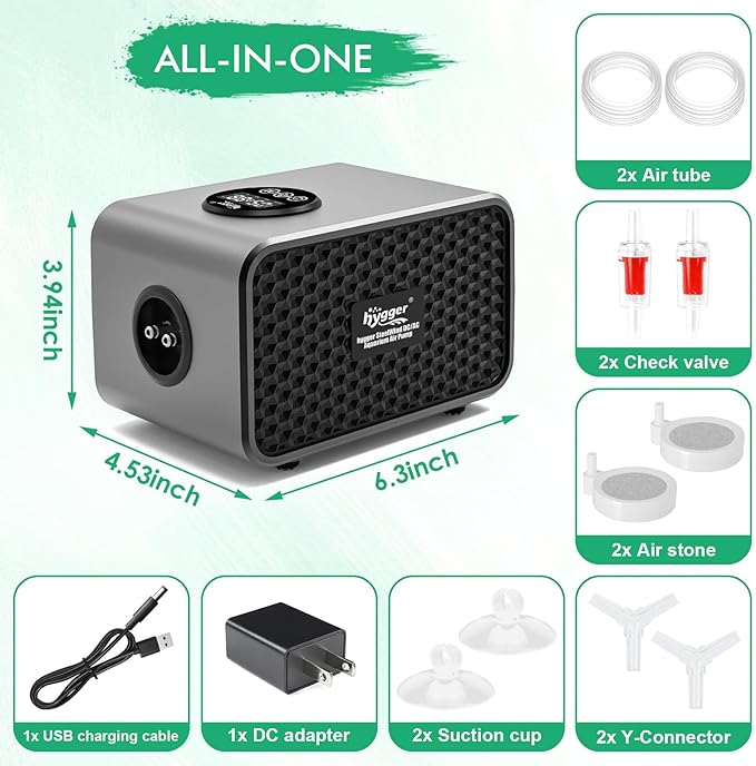 hygger Aquarium Air Pump, USB Rechargeable Battery Powered Fish Tank Air Pump 6W/10W with LCD Display Dual Outlets, Adjustable Aerator for Fish Oxygen Pump for 5-200 Gallon Tank