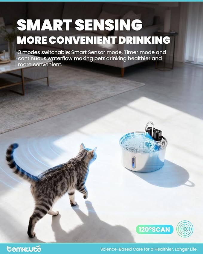 Wireless Cat Water Fountain - 108oz/3.2L Automatic Cat Water Fountain Cordless, Stainless Steel Battery Operated Pet Fountain Rechargeable Water Dispenser for Cats, Dogs, Multiple Pets