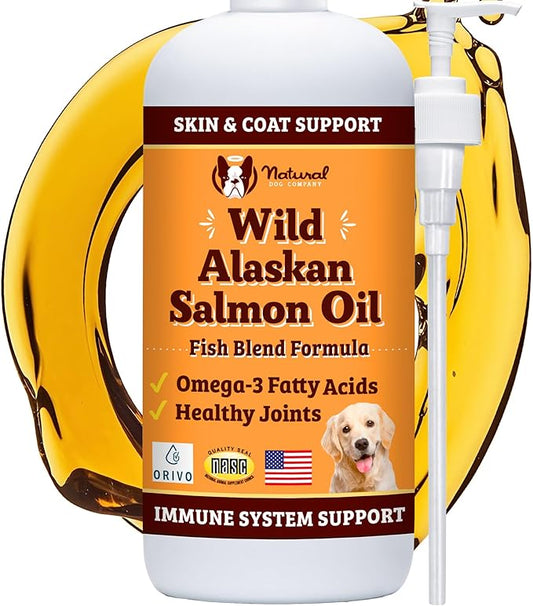 Natural Dog Company Wild Alaskan Salmon Oil Formula with Omega 3, Fish Oil for Dogs Supplement, Skin & Coat Dog Oil, Itchy Relief, Immune Support for Joints & Heart, Food Topper, 32 oz