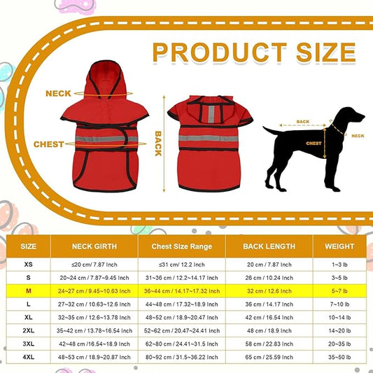 Dog Raincoat, Dog Rain Jacket Waterproof Jacket Reflective Adjustable Hooded Pet Rain Coat with Leash Hole, (Red, M), Intended for Large Medium Small Puppies