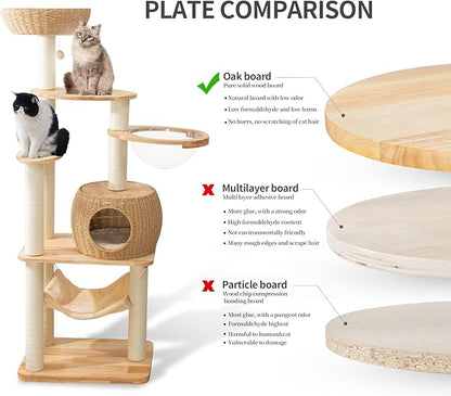 59" Big Modern Cat Tree Tower, Cat Tower Sisal-Covered Scratching Posts for Indoor Cats, Oak Wood Cat Tree for Large Cats, Multi-Level Cat Condo with Space Capsule Nest, Cat Furniture Activity Centre