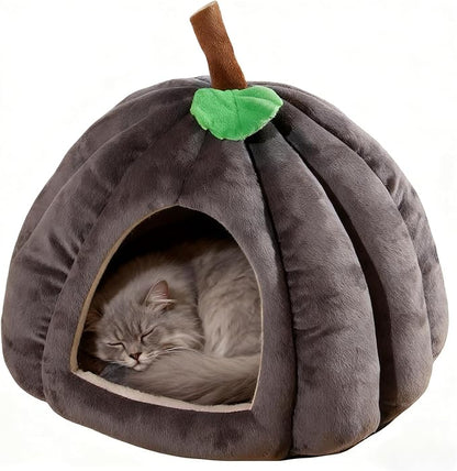 Cat Bed for Indoor Cats - Adorable Cozy Pumpkin Cat Cave with Removable Cushion, Super Soft Pet House Tent for Kittens & Small Pets, Warm & Washable Non-Slip Design(M 17.7 inch Grey)