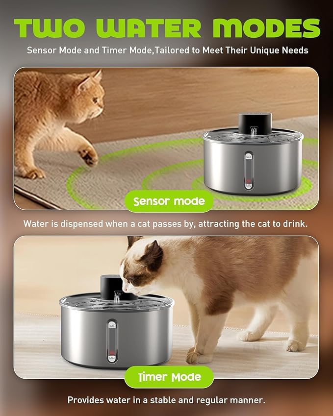 No Pump Cat Water Fountain, 3.2L/108oz Wireless Stainless Steel Pet Water Fountain, Cordless Automatic Dispenser, Battery Operated Cat Fountain with Motion Sensor, Dual Mode