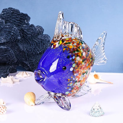 Large Hand Blown Glass Fish Figurines, Aquarium Sea Glass Art, Blue Orange Fish Statue Sculpture Modern Coastal Accent - for Beach Knick Knacks, Coffee Tables, Nautical Offices Centerpiece