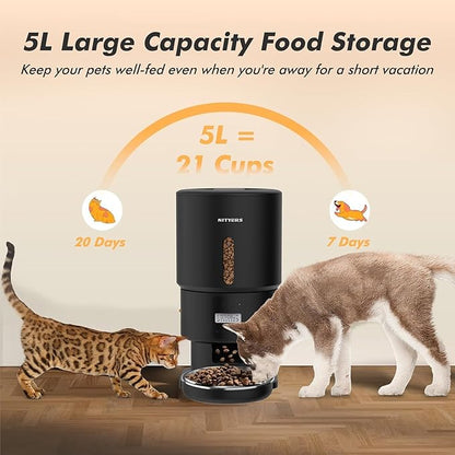 Automatic Cat Feeder - 5L Anti-Clog Cat Food Dispenser Keeps Dry Food Fresh, 10s Voice, 1-6 Meals/Day, Programmable Portions, 180-Day Battery Life, Easy to Clean Auto Pet Feeder for Multi Cats & Dogs