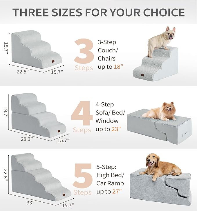 Made4Pets Dog Stairs Ramp for High Bed 22.8" H, 5-Step Pet Stairs for Bed Couch Sofa Climbing, 35D Foam Pet Steps for Small Dogs and Cats, Non-Slip Bottom Dog Steps, Light Grey