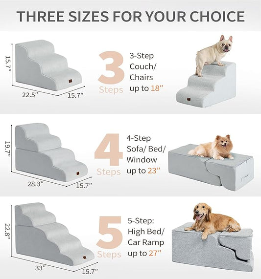 Made4Pets Dog Stairs Ramp for Small Dogs 15.7" H, 3-Step Dog Steps for Bed Couch Sofa and Chair, 35D Foam Pet Steps for Small Dogs and Cats, Non-Slip Bottom Pet Stairs, Light Grey