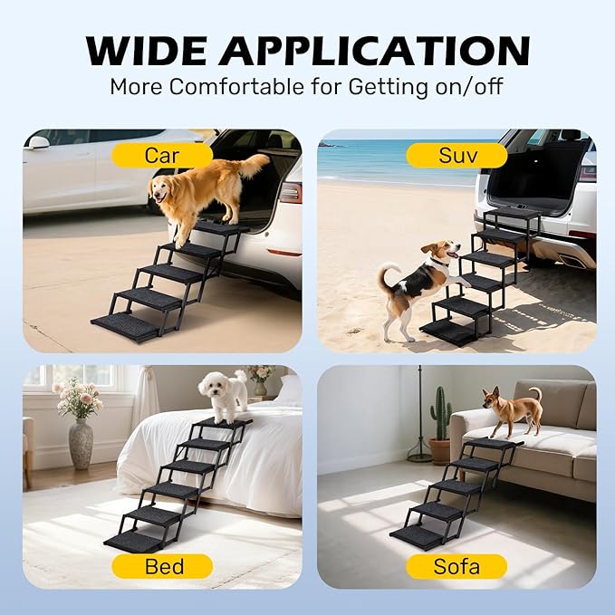 Extra Wide Dog Steps for Car, Truck and SUV - Foldable Pet Stairs for Large Dogs with Non-Slip Rug Surface, Lightweight Dog Ramp Holds Up to 250lbs, 6 Steps