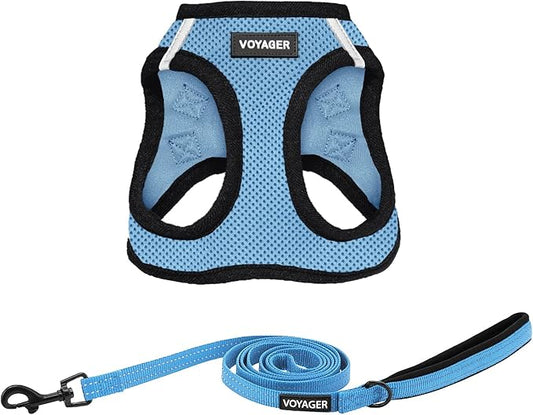 Voyager Step-in Air All Weather Mesh Harness and Reflective Dog 5 ft Leash Combo with Neoprene Handle, for Small, Medium and Large Breed Puppies by Best Pet Supplies - Baby Blue/Black Trim, X-Large
