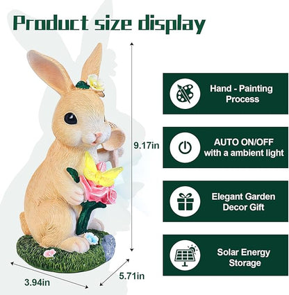 NYUWOAURC Garden Statues Rabbit with Solar Light,Bunny Outdoor Garden Decor Ornaments for Patio Yard Art,Birthday Easter House Warming Garden Gift for Women Mom,Resin Animal Figurine with Wider Base