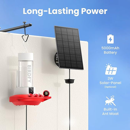 Birdfy Hummingbird Feeder with Dual Cameras - 2K HD Smart Cameras Solar Powered, Close-Up Bird Video/Live Watching & Instant Notifications, Ant Moat & Leakproof - 20oz (AI Lifetime)