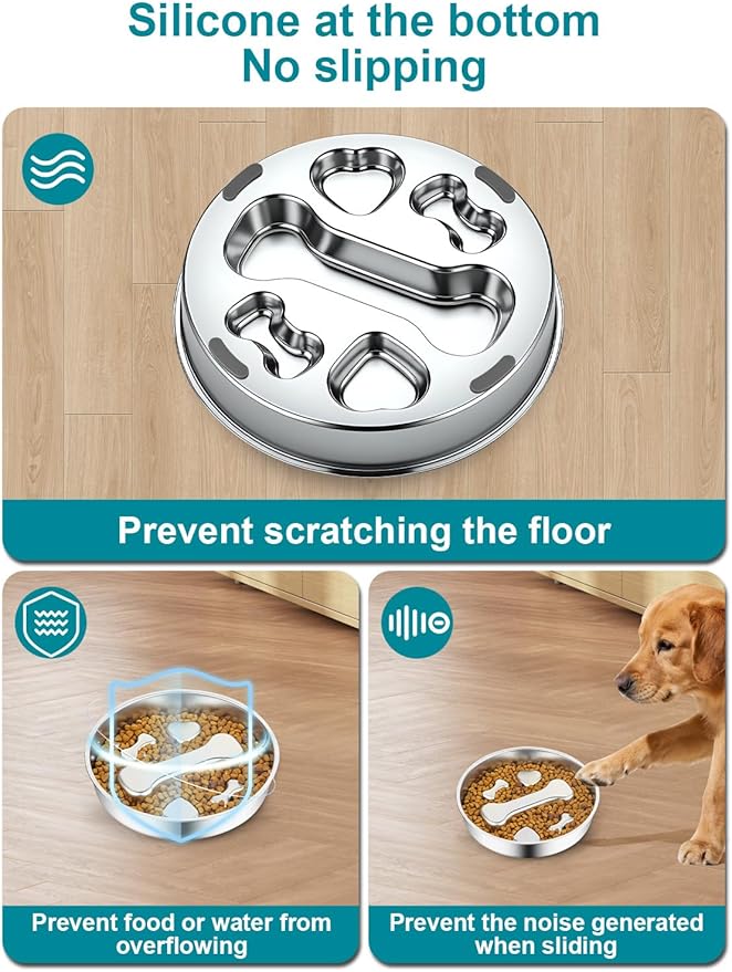 Slow Feeder Dog Bowls，8.2-inch Diameter Dog Slow Feeder Bowl，304 Stainless Steel Heavy Duty with Non-Slip Rubber Base，4Cups Capacity for Medium & Large Dogs to Slow Down Eating