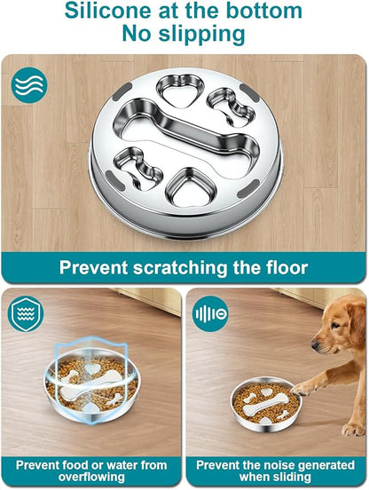 Slow Feeder Dog Bowls，8.2-inch Diameter Dog Slow Feeder Bowl，304 Stainless Steel Heavy Duty with Non-Slip Rubber Base，4Cups Capacity for Medium & Large Dogs to Slow Down Eating