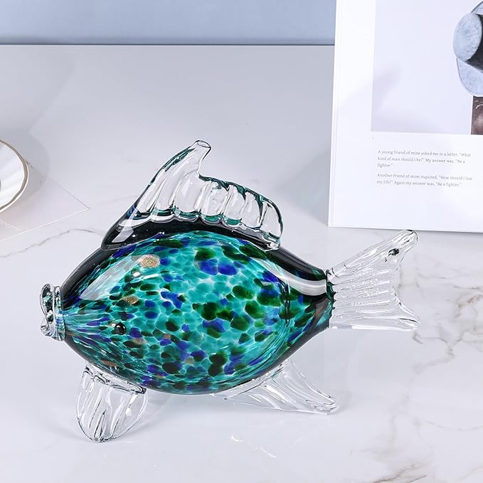 LCCCK Large Hand Blown Glass Fish Figurines, Aquarium Sea Glass Art, Fish Statue Sculpture Modern Coastal Accent - for Beach Knick Knacks, Coffee Tables, Nautical Offices Centerpiece (Teal)