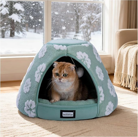 BALANCE Cat Beds for Indoor Cats, 2-in-1 Cat Bed Cave with Anti-Slip Bottom and Ultra-Soft Plush, Cozy Cats House Tent for Kittens and Small Dogs, 21 Inches, Green