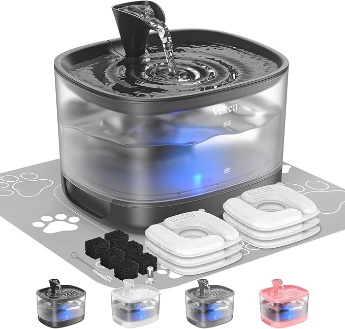 Veken Cat Water Fountain with Detachable Tank, 6 Filters & 6 Sponges, Easy to Clean & Assemble, 84oz/2.5L Pet Drinking Dispenser with Quiet Operation & LED Light for Cats, Dogs and Small Pets, Black