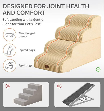 Made4Pets Dog Stairs Ramp for Bed 19.7" H, 4-Step Dog Steps for High Bed Couch Sofa Climbing, 35D Foam Pet Steps for Small Dogs and Cats, Non-Slip Bottom Pet Stairs, Tan