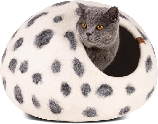MEOWFIA Cat Cave – Premium Felt Cat Bed for Indoor Cats, Handmade 100% Merino Wool, Cat (Large, Snow Leopard)