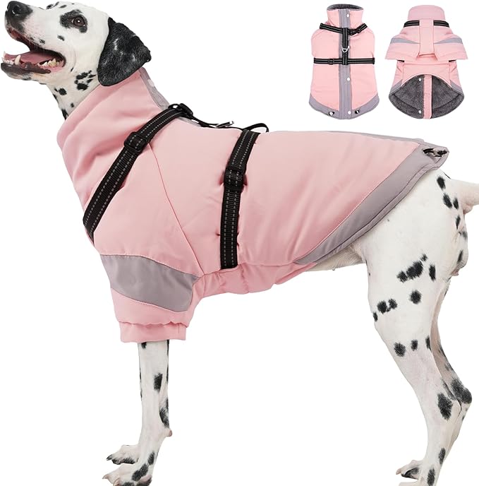 XL Winter Coat for Medium Dogs,Reflective Harness Built in | Turtleneck Dog Snowsuit with Sleeves for Snow Day Keep Warm,Outdoor Activities Water-Repellent & Windproof Jacket (Light Pink)