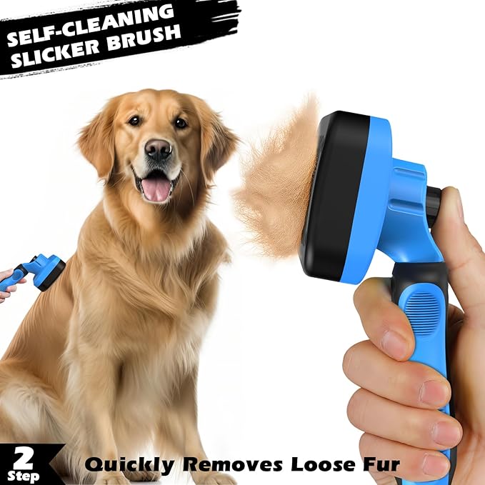 3PCS Self Cleaning Slicker Brush & Pet Grooming Rake & Bath Brush for Dogs and Cats | Double-Sided Dematting Pet Comb & Skin Friendly Deshedding Grooming Tool | Premium Pet Supplies (Blue Black)