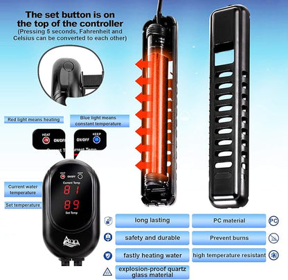 AQQA Submersible Aquarium Heater,100W/200W/300W/500W/800W/1000W/1200W Fish Tank Heater,External Temperature Controller LED Temperature Display,Suitable for Saltwater and Freshwater(200W)