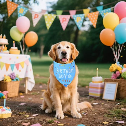 Dog Birthday Bandana for Large and X-Large Boy Dogs - Reversible Blue Confetti Party Print Scarf - Adjustable Pet Costume for Celebrations & Photos