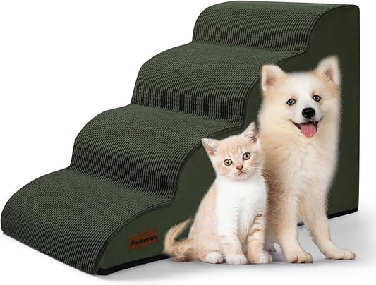 Dog Steps for Bed, 4-Step Dog Stairs Ramp for Small Dogs and Cats, Indoor Non-Slip Pet Stairs Suitable for Older, Short-Legged, and Puppy Dogs to Climb Onto High Beds and Couch, 17.4" H,Green