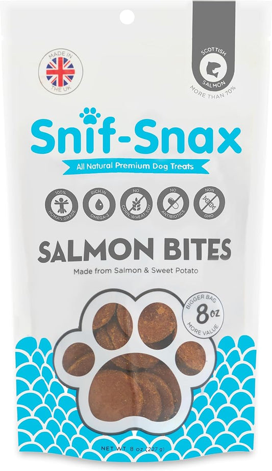 Snif-Snax Salmon Bites Dog Treats (8oz), All Natural Human-Grade Training Treats for Dogs, Healthy Grain-Free Puppy & Adult Rewards, High Protein Soft Salmon Snacks
