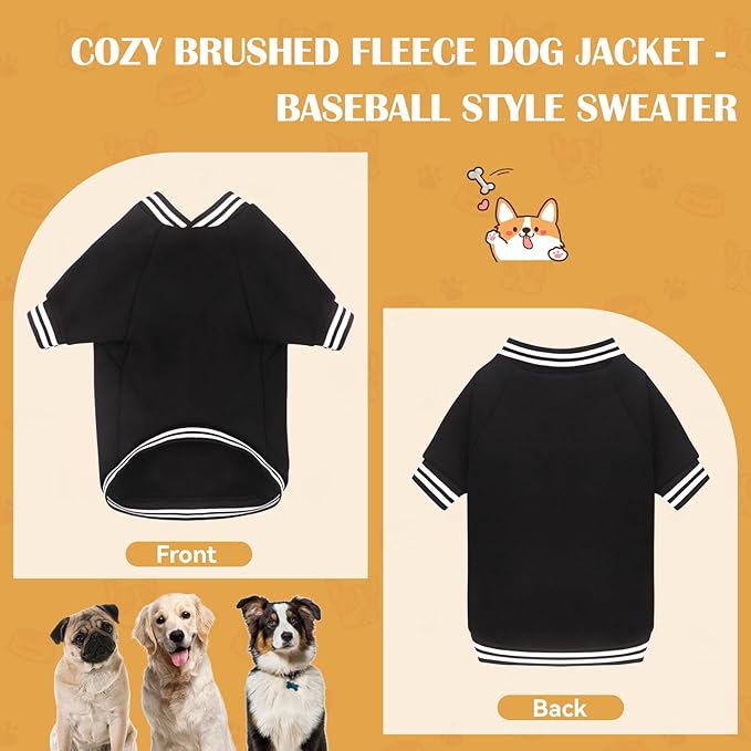 Dog Sweater Brushed Fleece Pet Clothes Baseball Jacket Soft Warm Pet Sweater Dog Sweaters for Small/Medium Dogs Boy Girl(Black-S/M)