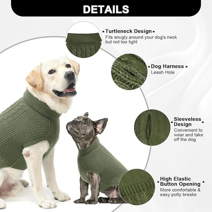 XL Dog Sweater, Classic Cable Knit Warm Dog Sweatshirt with Reflective Yarn for Girl Boy, Halloween Fall Winter Coat Turtleneck Pullover Clothes Apparel for Small Medium Large Dogs, Green XL
