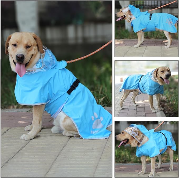 Waterproof Dog Raincoat, Reflective Adjustable Hooded Dog Rain Coat, Lightweight Breathable Pet Rain Jacket Poncho Double Layer with Leash Hole for Small Medium Large Dogs (Blue, XX-Large)