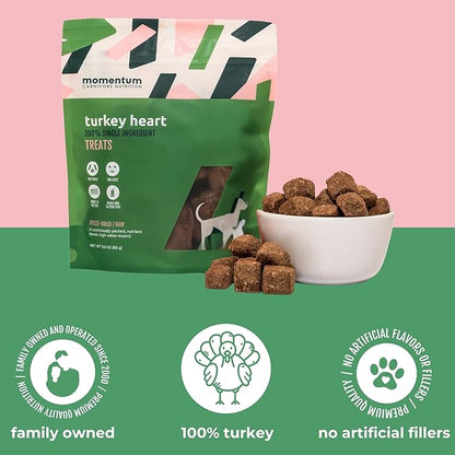 Momentum Carnivore Nutrition Freeze-Dried Turkey Heart Dog Treats & Cat Treats – Single-Ingredient, High-Protein, Grain-Free, Lean & Easily Digestible – Made in USA – 3 oz Bag