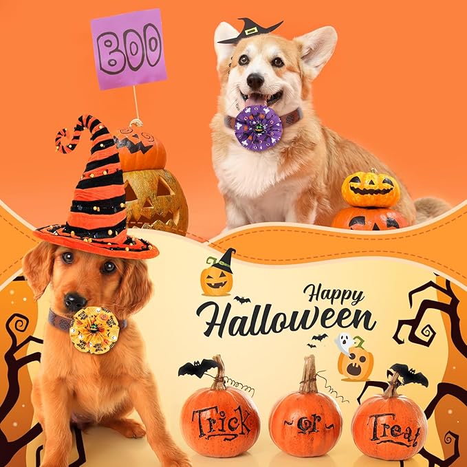 50 Pcs Halloween Dog Collar Bows Bulk Pumpkin Ghost Bow Ties Flowers Charms Attachment for Small Medium Large Dogs Cats Pet Collar Halloween Party Decoration Costume