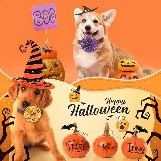 50 Pcs Halloween Dog Collar Bows Bulk Pumpkin Ghost Bow Ties Flowers Charms Attachment for Small Medium Large Dogs Cats Pet Collar Halloween Party Decoration Costume