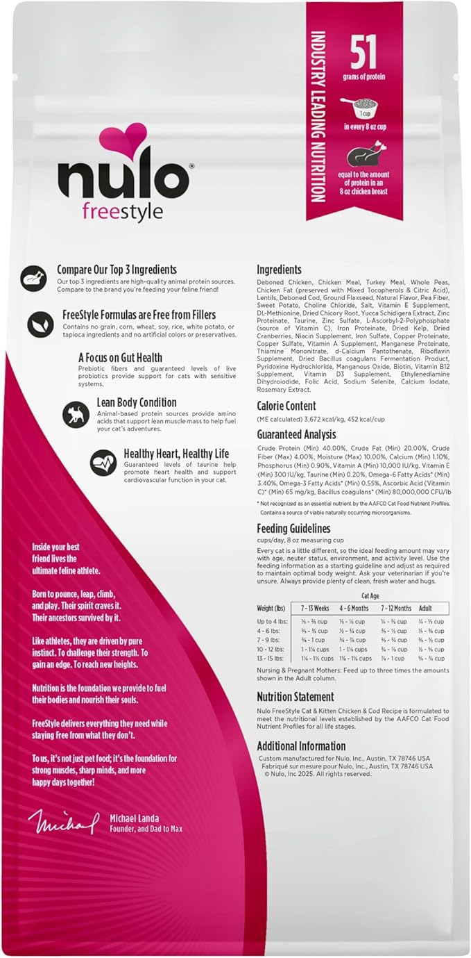 Nulo Freestyle High Protein Cat & Kitten Food, Chicken & Cod Recipe - Natural Grain-Free Dry Cat Food with Omega Fatty Acids & Probiotics, 2 lb Bag