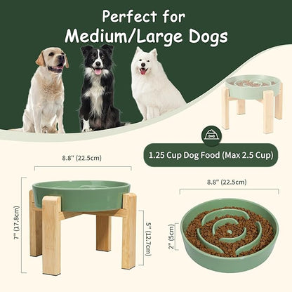 Elevated Slow Feeder Dog Bowl - Puzzle Maze Dish with Bamboo Stand - Raised Ceramic Food Bowl for Medium and Large Dogs - Green - 8.8 inch