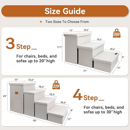 Dog Stairs with Storage 18" H, 3-Step Wider Dog Steps for Small/Medium/Large Old Dogs Cats, Folding Sturdy Pet Stairs Climbing Bed or Couch, Ramp for Car Up to 200 lbs (Beige, No Condo)