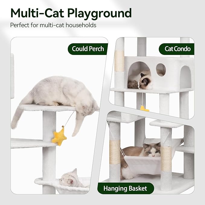 79in Tall Cat Tower for Heavy Duty Big Cats, Large Cat Tree with Scratching Post, Plush Perches, Cozy Cat Condos & Hanging Hammocks for Maine Coon, White