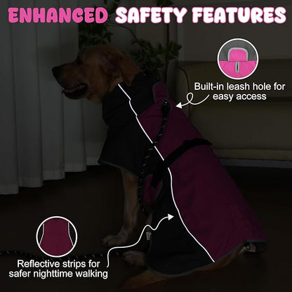 Dog Raincoat, Waterproof Dog Coat with Reflective Straps, Leash Hole & Polar Fleece Lining, Winter Snow Rain Coat for Small, Medium & Large Dogs, Warm, Windproof Vest Jackets