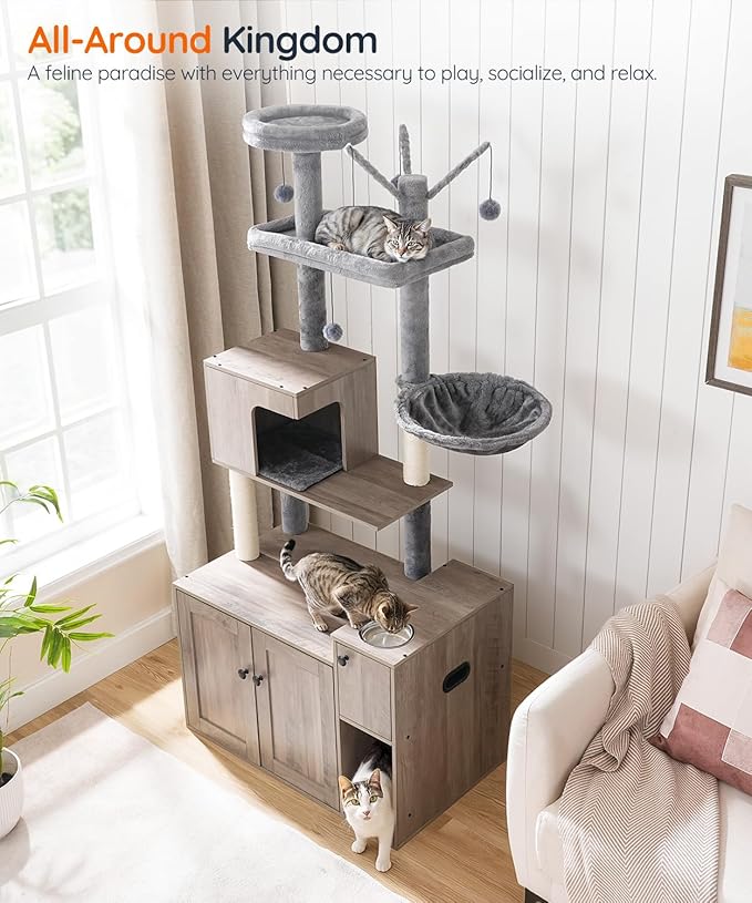HOOBRO Cat Tree with Litter Box Enclosure, 68.9" H Cat Tower with Food Bowl and Storage, Hidden Litter Enclosure Furniture, All-in-One Modern Cat Condo, with House, Hammock and Perch, Greige BG80MZ03