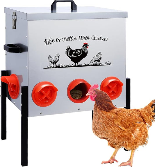 APODESS 50LB Automatic Chicken Feeder–8 Feeding Ports No-Waste Galvanized Metal Chicken Feeder Box with Adjustable Legs & Locking Lid Poultry Feeder for Chickens,Geese,Ducks,Rust-Resistant