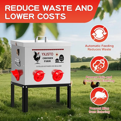 YXJSTO 40LB 6 Ports Large Automatic Chicken Feeder, No-Waste Metal Poultry Feeder, Chicken Feeder Box with Adjustable Legs & Locking Lid