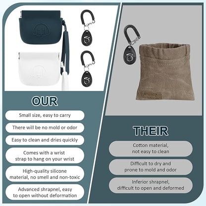 WALLFID Silicone Dog Treat Pouch Small Bag,Auto Closure,with Pet Training Clicker,Walking Bag for Dog and Cat,Pocket Size,Easy to Clean,Odorless (Green and White)